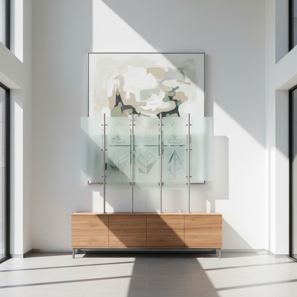 An interior space with white walls and a wooden cabinet containing frosted glass doors.